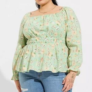 Torrid Floral Green Peplum Long Sleeve Blouse
